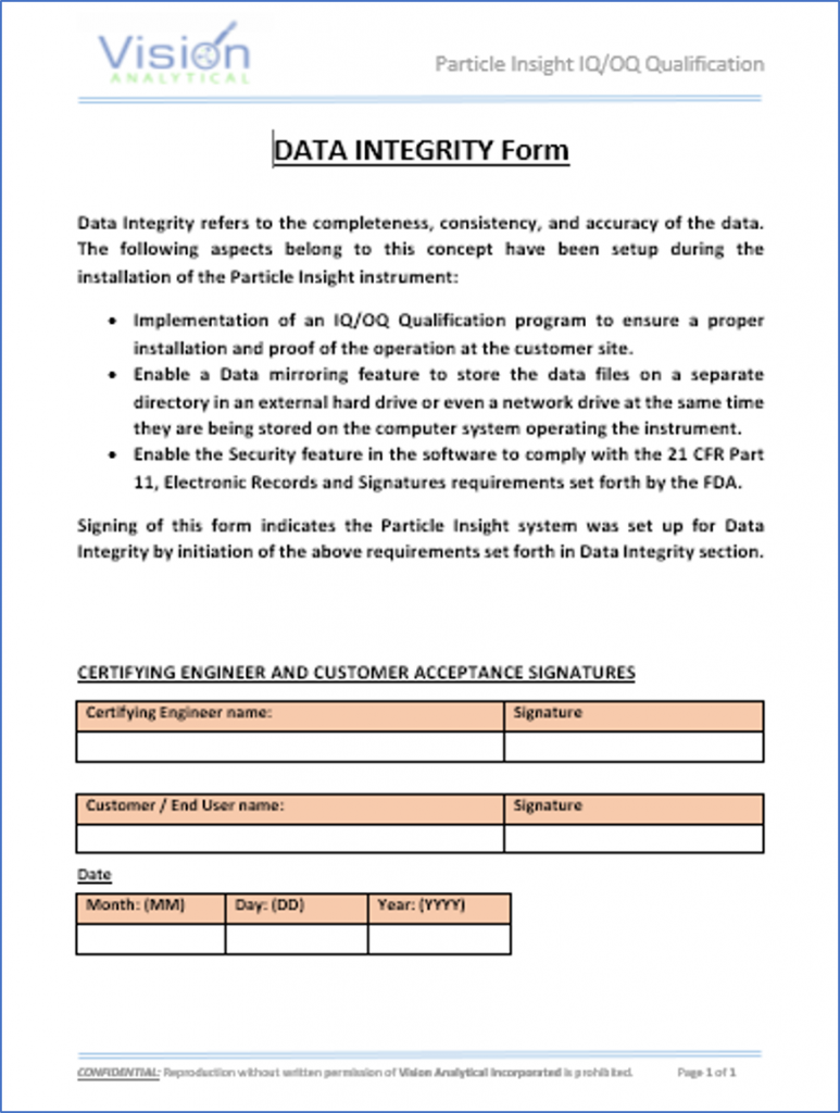 Data integrity form for particle size and particle shape products from vision analytical