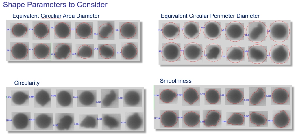 Diagram defining ECA diameter, ECP diameter, circularity, and smoothness with example particle images