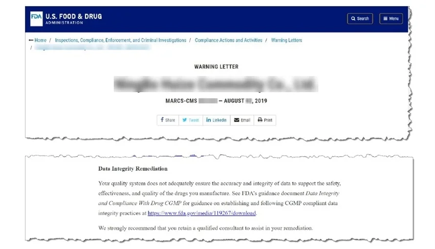FDA Warning Letter for Data Integrity