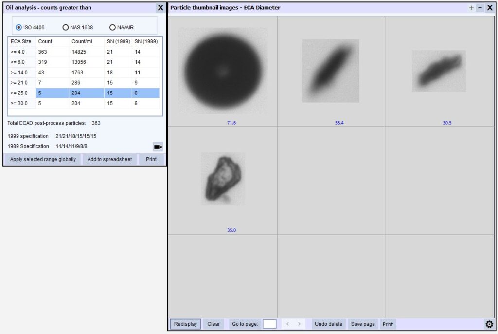 Raptor Portable ISO4406 results with thumbnails Big Particles