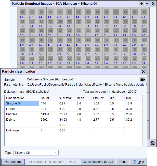 Silicone droplet images with particle classification