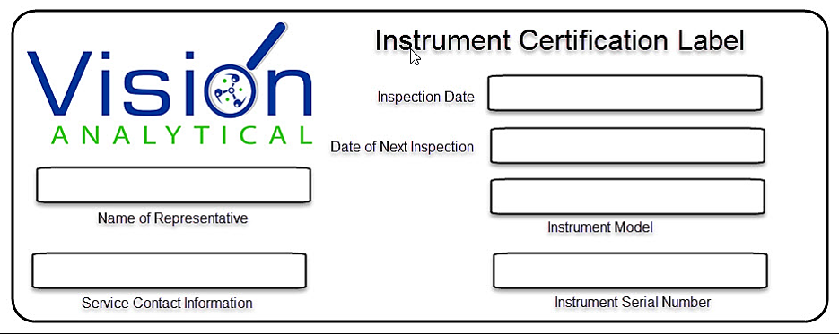 Certification label for the Vision Analytical particle size and particle shape products