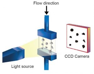 Diagram of dynamic image analysis flow cell, illumination, lens and camera