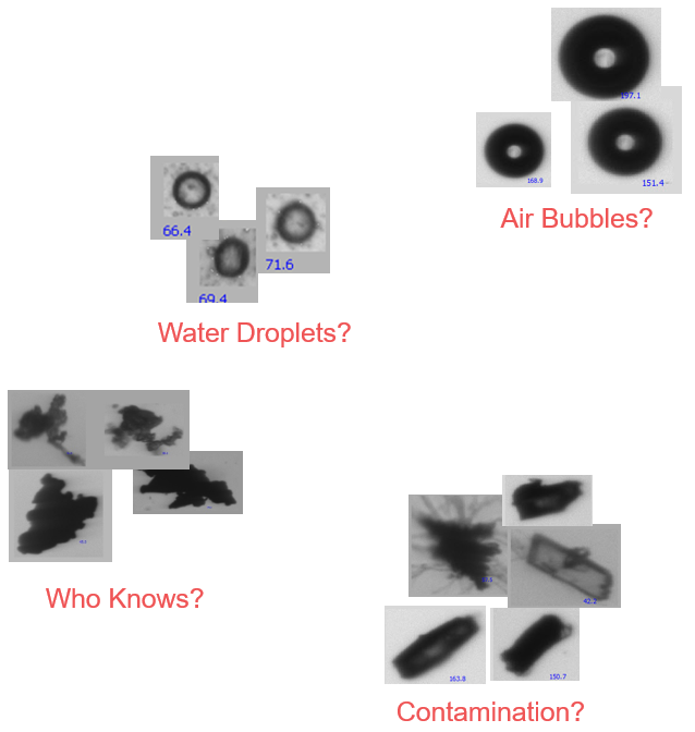 Air bubbles, water droplets, and solid wear particles compared by image analysis